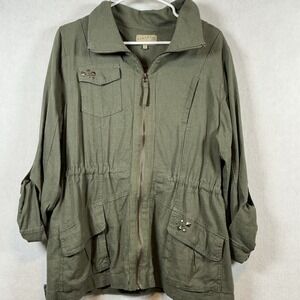 Ashley Army Green Utility Jacket Womens XLarge Roll Tab Sleeves Linen Blend